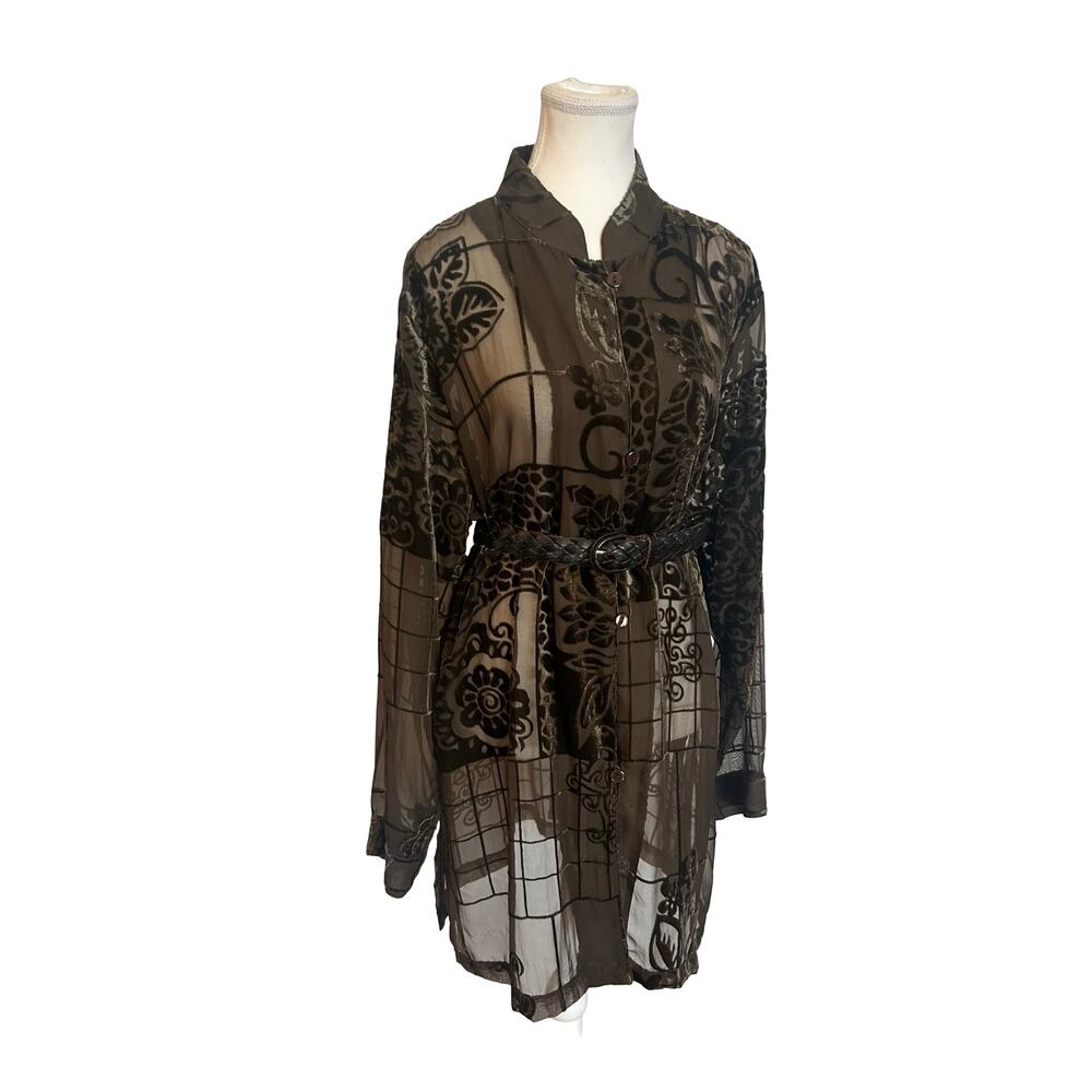 Coldwater Creek Burnout Velvet Duster Blouse Sheer Mocha Floral Y2K - Picture 11 of 15